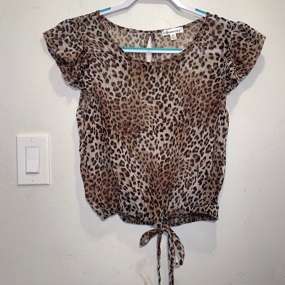 Mob Wife Leopard Print Ruffle Sleeve Tie Front Blouse Top Brown Tan Medium